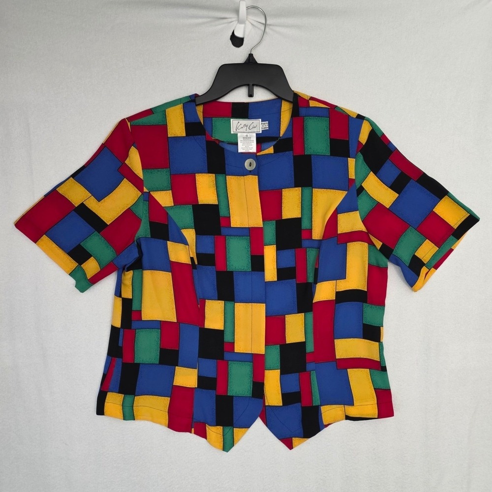 Cathy Che Geometric Color Block Blouse 12 Multicolor Polyester Vintage 90s Art